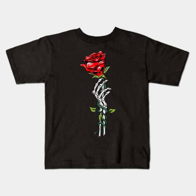 Skull Rose and Skeleton Hand Kids T-Shirt by Merilinwitch